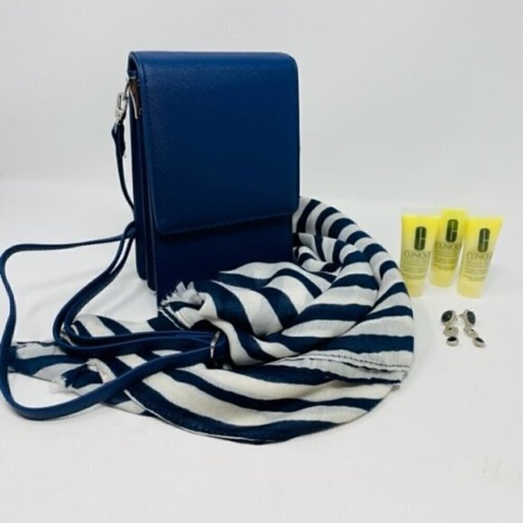 Clinique Other - 6 pc set-  3 CLINIQUE moisturizer, navy cross body, scarf & earrings- Brand New!
